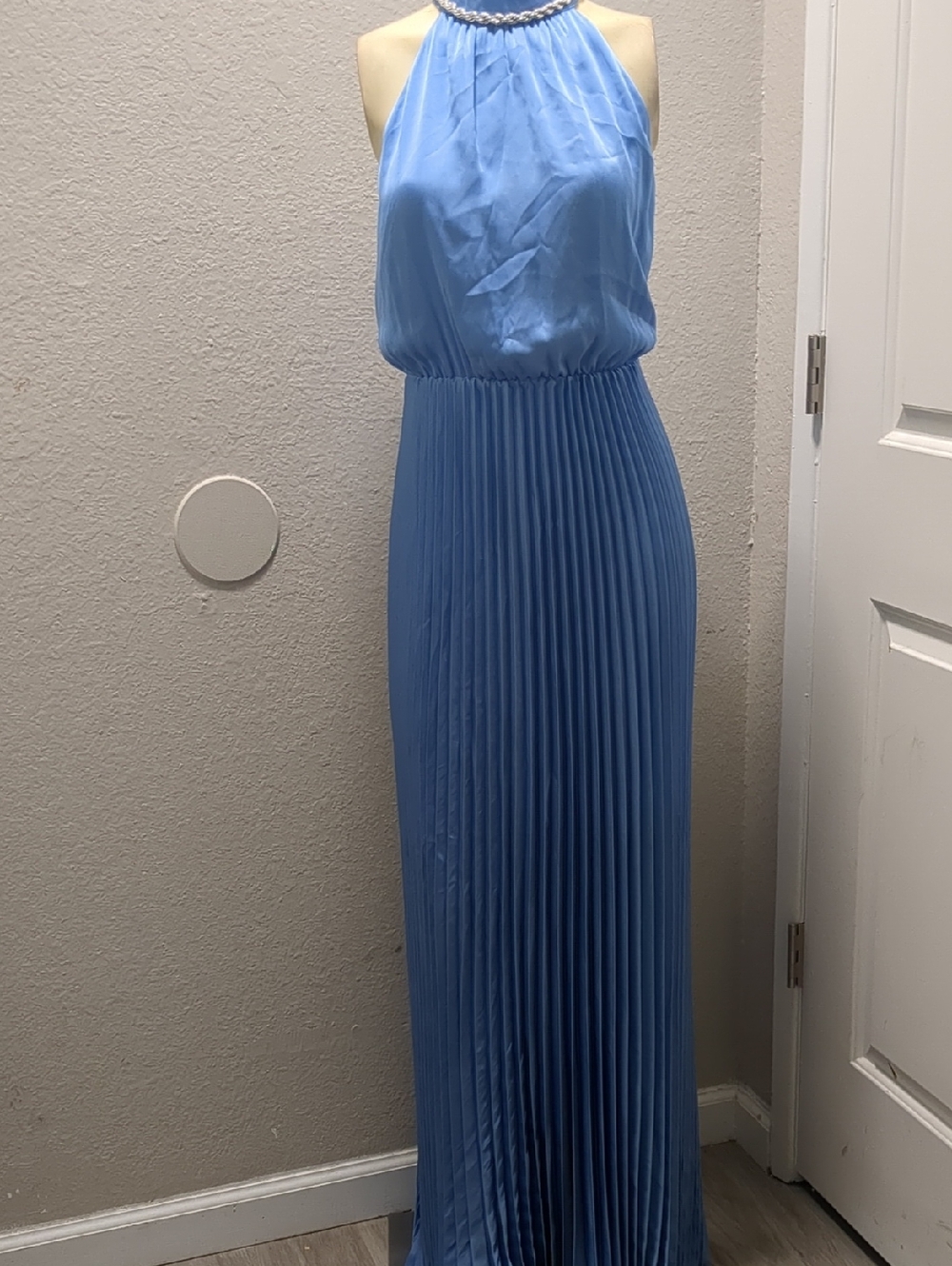 BCBGMaxAzria Halter Pleated Maxi Dress in Sky Blue